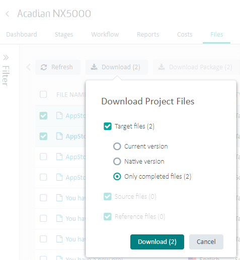 Screenshot showing the option to download only the target files that have been completed